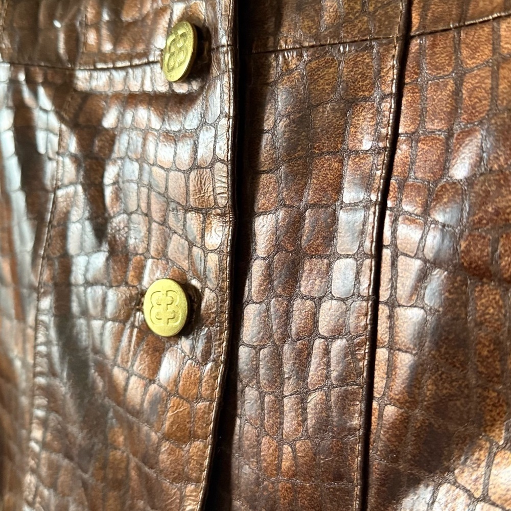 Vintage Stunning Bradley Bayou Brown Croc 100% Leather Jacket w Faux Fur Collar - Picture 3 of 7